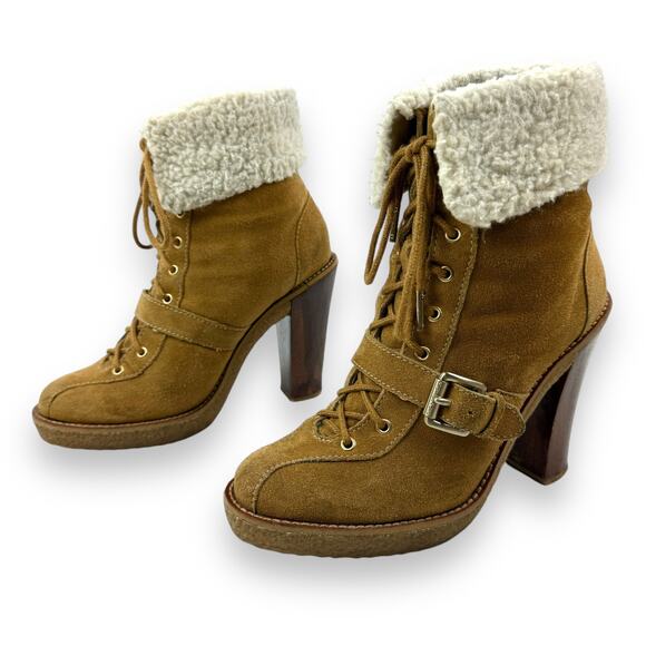 MICHAEL KORS tan suede sherpa heeled platform boots - Picture 3 of 14